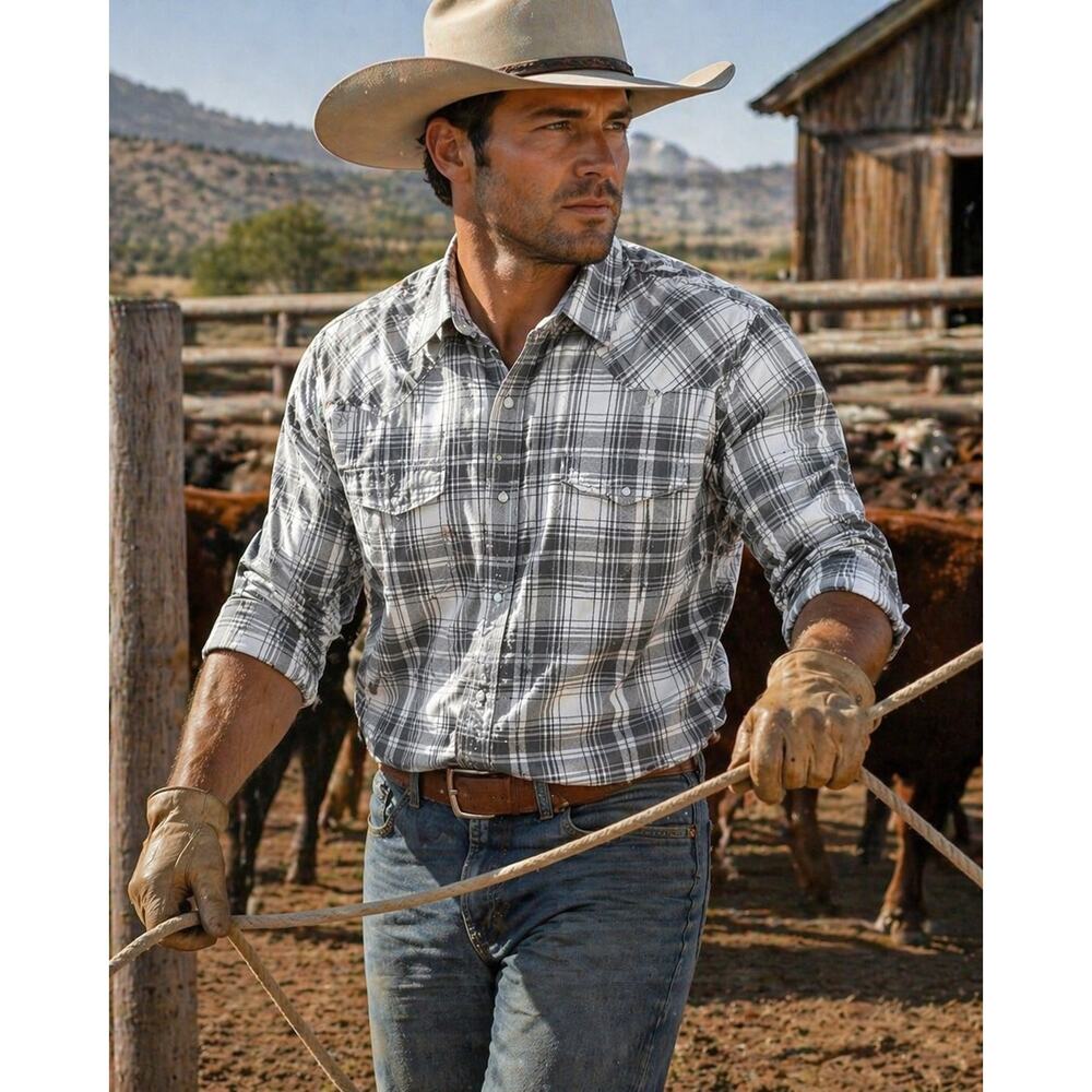Lucky Brand Men's Large Pearl Snap Western Shirt Plaid Gray 7M43705 Cowboy Style